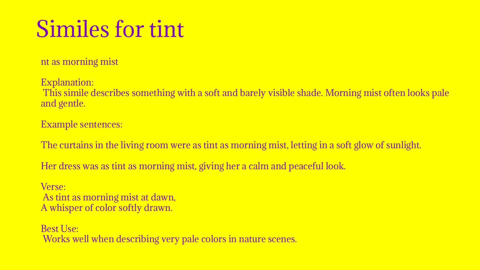 Beautiful Similes for Tint, Shades, and Subtle Colors