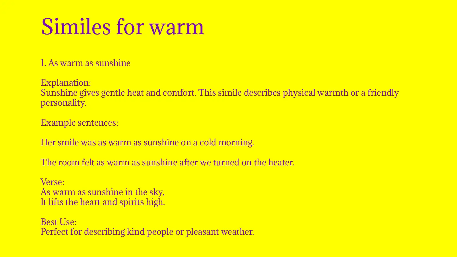 Similes for warm with Meaning and Examples